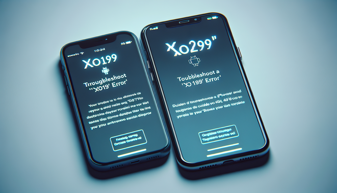 alt_text: iPhone และ Android แสดงแนวทางแก้ไข XO199 ไม่ได้ พร้อมข้อความชัดเจนในโทนสีเทาฟ้า