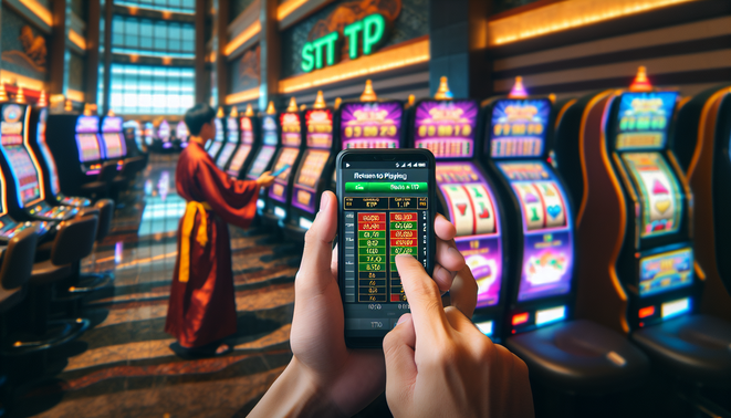 A smartphone shows a slot game RTP while an Asian hand analyzes it, with a casino backdrop.