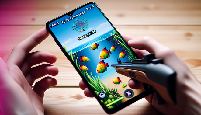 alt_text: ปกเกมยิงปลา XO199 โคลสอัพสมาร์ทโฟนมีปลาสีสันสดใส เทคนิคการยิงแม่น แจ้งเตือนกระสุน