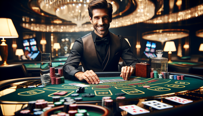 alt_text: High-resolution image of a luxurious live casino table with smiling dealer, featuring gaming elements.