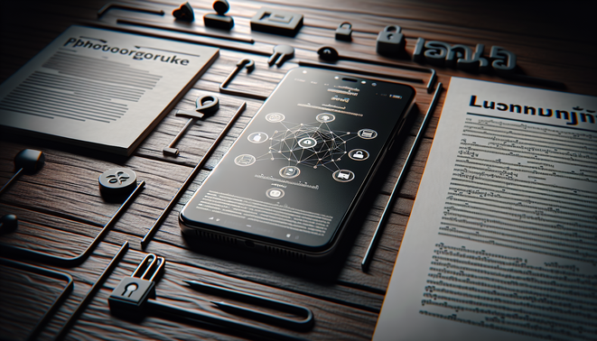 Photorealistic smartphone on a desk, showcasing links, with Thai text highlighting accessibility and security.