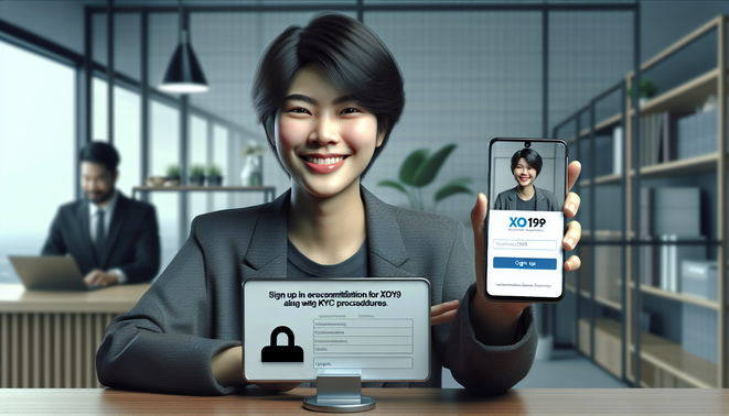 alt_text: คนไทยยิ้มถือสมาร์ทโฟนแสดงหน้าสมัคร XO199 พร้อมขั้นตอน KYC ในบรรยากาศทำงานสบายๆ.