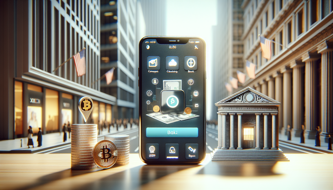 alt_text: มือถือแสดงแอป XO199 Wallet เปรียบเทียบกับธนาคารคลาสสิกเบลอ ด้านข้างมีไอคอนเชิงสัญลักษณ์