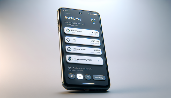 Photorealistic cover for a guide on linking TrueMoney Wallet with XO199, featuring a smartphone UI.