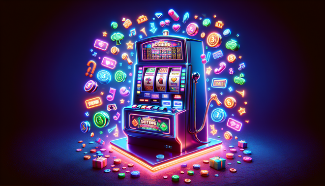 alt_text: "Ultra-realistic 3D slot machine with neon accents and floating theme icons for online casino article."