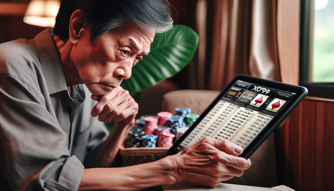 alt_text: Thai adult studying a tablet displaying the XO199 slot paytable, emphasizing analysis and learning.