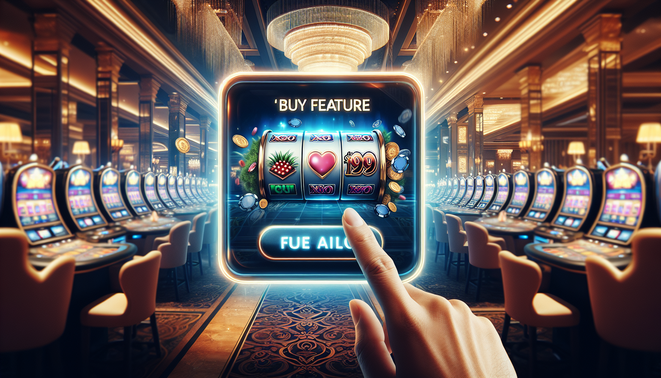 alt_text: ภาพปกสมจริงสำหรับสล็อต XO199 แสดงปุ่ม 'ซื้อฟีเจอร์' ในบรรยากาศคาสิโนหรู