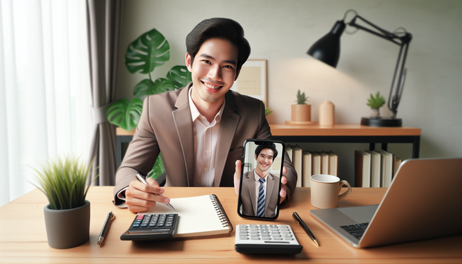 alt_text: Realistic cover: a desk with a smartphone, calculator, notepad, and a confident Thai person smiling.