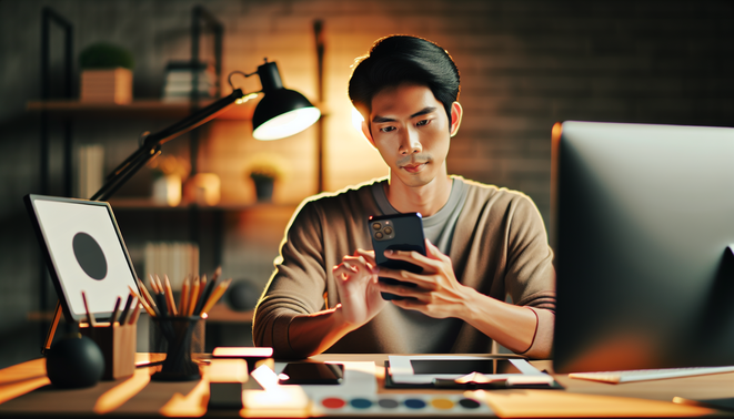alt_text: A focused Thai adult practices on a smartphone, surrounded by a modern desk setup and warm light.